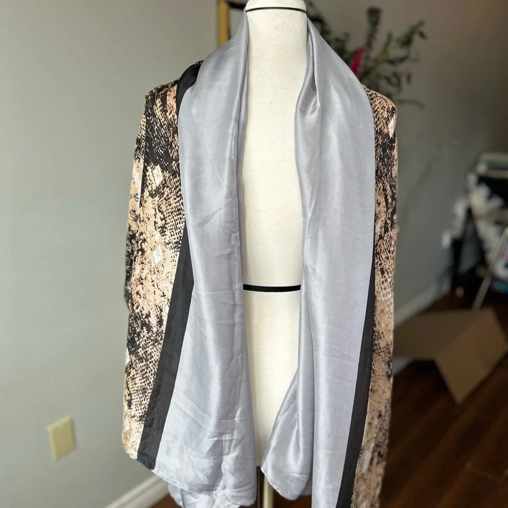 NWT Two-Tone Silk Scarf - Neutral Snake Print & Silver Grey - 68” x 33” - Picture 4 of 5